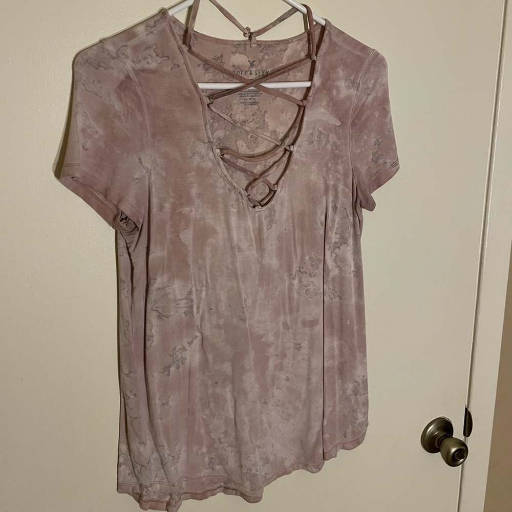 Pink and white marble criss cross top
